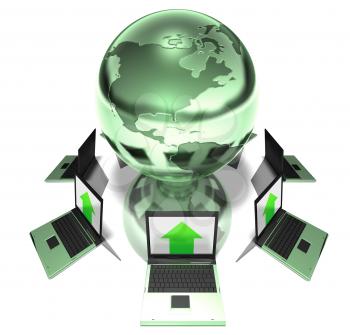 Royalty Free 3d Clipart Image of a Globe Surrounded by Laptop Computers