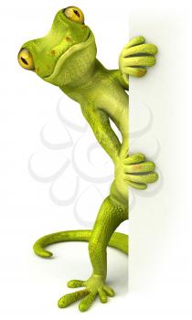 Royalty Free 3d Clipart Image of a Gecko Standing Beside a Sign