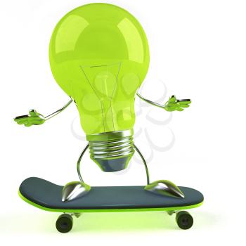 Royalty Free 3d Clipart Image of a Green Light Bulb Riding a Skateboard