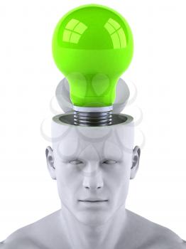 Royalty Free 3d Clipart Image of a Male Thinking About a Green Light Bulb