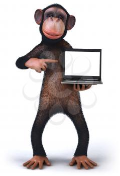 Royalty Free 3d Clipart Image of a Monkey Pointing to a Laptop Computer