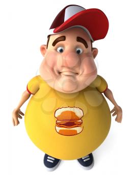Royalty Free Clipart Image of an Overnight Man in a Ball Cap Wearing a Hamburger Shirt