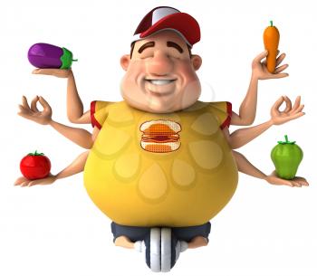 Royalty Free Clipart Image of a Fat Man Riding an Exercise Bike While Holding Vegetables and Meditating