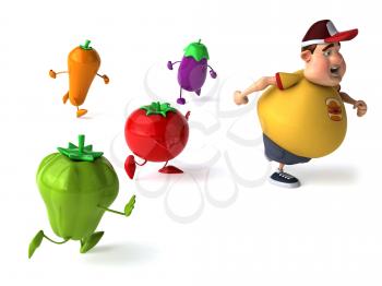 Royalty Free Clipart Image of a Fat Man Running From Vegetables