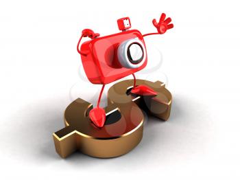 Royalty Free 3d Clipart Image of a Camera Standing on a Dollar Sign