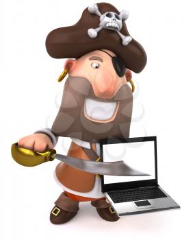 Royalty Free Clipart Image of a Pirate With a Sword and a Laptop