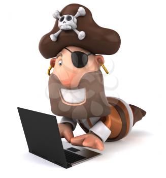 Royalty Free Clipart Image of a Pirate Working on a Laptop