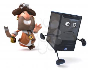 Royalty Free Clipart Image of a Pirate Chasing a Computer