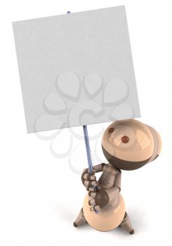 Royalty Free 3d Clipart Image of a Brown Robot Holding a Sign