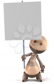Royalty Free 3d Clipart Image of a Brown Robot Holding a Sign