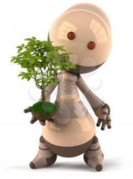 Royalty Free 3d Clipart Image of a Brown Robot Holding a Plant