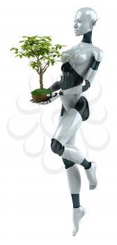 Royalty Free 3d Clipart Image of a Female Robot Holding a Plant