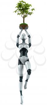 Royalty Free 3d Clipart Image of a Female Robot Holding a Plant