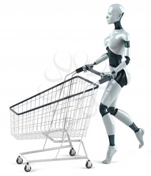 Royalty Free 3d Clipart Image of a Female Robot Pushing a Shopping Cart