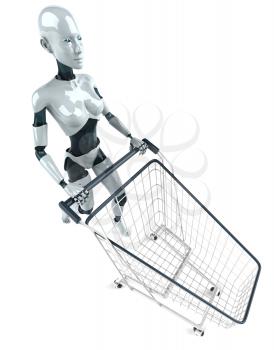 Royalty Free 3d Clipart Image of a Female Robot Pushing a Shopping Cart