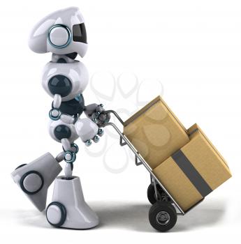 Royalty Free 3d Clipart Image of a Robot Pushing a Dolly Cart with Boxes