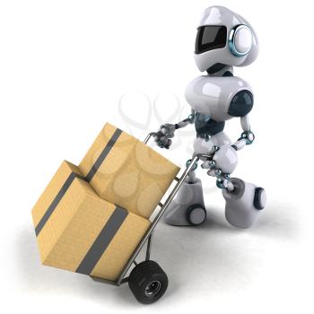 Royalty Free 3d Clipart Image of a Robot Pushing a Dolly Cart with Boxes