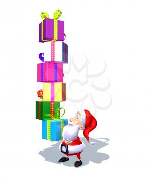 Royalty Free 3d Clipart Image of Santa Holding a Stack of Gifts