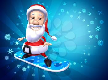 Royalty Free 3d Clipart Image of Santa Riding a Snowboard