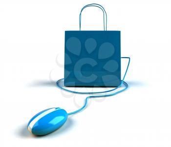 Royalty Free 3d Clipart Image of a Shopping Bag with a Computer Mouse Attached