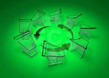 Royalty Free 3d Clipart Image of Shopping Carts With Arrows on a Green Background