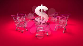 Royalty Free 3d Clipart Image of Shopping Carts With a Red Background and Dollar Sign in the Centre