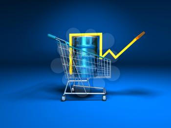 Royalty Free 3d Clipart Image of a Shopping Cart With a Blue Background and an Oil Can