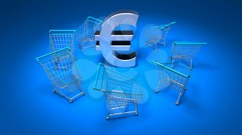Royalty Free 3d Clipart Image of Shopping Carts With a Blue Background and a Euro Sign in the Middle