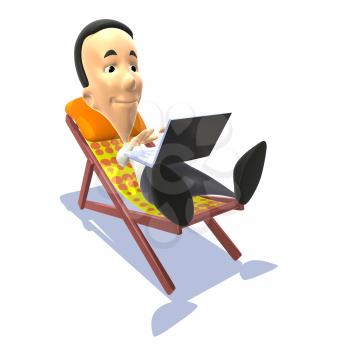 Royalty Free 3d Clipart Image of a Man Sitting in a Beach Chair Working on a Laptop Computer