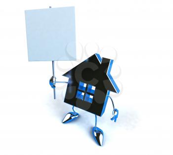 Royalty Free 3d Clipart Image of a House Holding a Sign