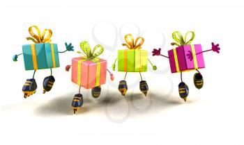 Royalty Free 3d Clipart Image of Shiny Gifts on Rollerblades