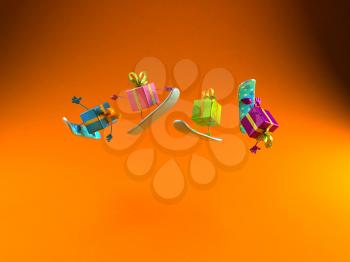 Royalty Free 3d Clipart Image of Shiny Gifts on Snowboards