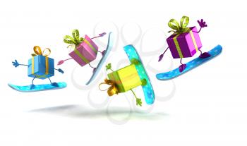 Royalty Free 3d Clipart Image of Shiny Gifts on Snowboards