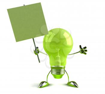 Royalty Free 3d Clipart Image of a Green Light Bulb Holding a Sign
