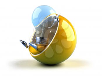Royalty Free 3d Clipart Image of a Blue Light Bulb Sitting in a Yellow Bubble Chair