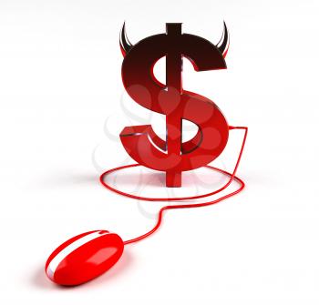 Royalty Free 3d Clipart Image of a Dollar Sign With Devil Horns Attached to a Computer Mouse