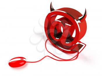 Royalty Free 3d Clipart Image of an At Sign With Devil Horns Attached to a Computer Mouse