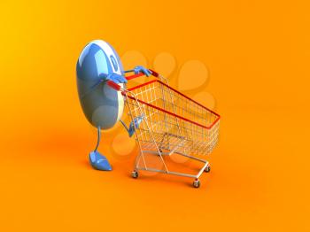 Royalty Free 3d Clipart Image of a Computer Mouse Pushing a Shopping Cart