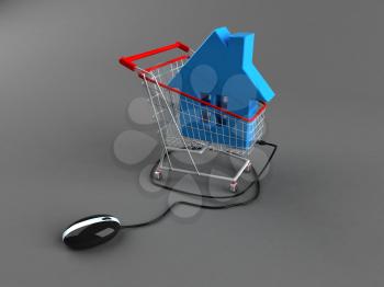Royalty Free 3d Clipart Image of a House in a Shopping Cart Attached to a Computer Mouse
