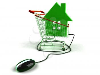 Royalty Free 3d Clipart Image of a House in a Shopping Cart Attached to a Computer Mouse