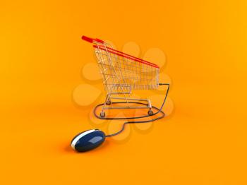 Royalty Free 3d Clipart Image of a Computer Mouse Attached to a Shopping Cart