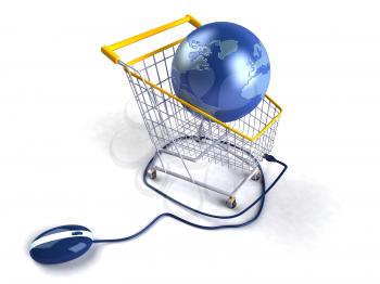 Royalty Free 3d Clipart Image of a Globe in a Shopping Cart Attached to a Computer Mouse