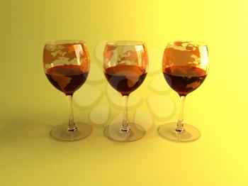 Royalty Free 3d Clipart Image of Three Glasses of Red Wine