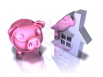 Royalty Free 3d Clipart Image of a Piggy Bank Looking at a House
