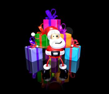 Royalty Free 3d Clipart Image of Santa Standing in Front of a Large Pyramid of Gifts
