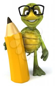 Royalty Free Clipart Image of a Turtle Wearing Glasses and Holding a Pencil