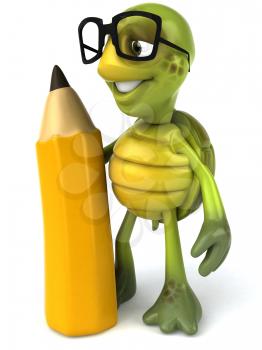 Royalty Free Clipart Image of a Turtle Wearing Glasses and Holding a Large Pencil