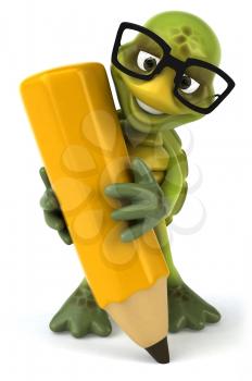 Royalty Free Clipart Image of a Turtle Wearing Spectacles Writing With a Large Pencil