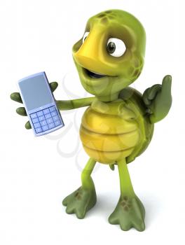 Royalty Free Clipart Image of a Turtle and a Cellphone