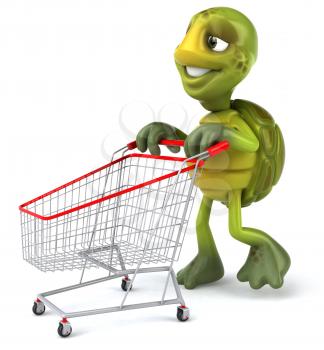 Royalty Free 3d Clipart Image of a Turtle Pushing a Shopping Cart